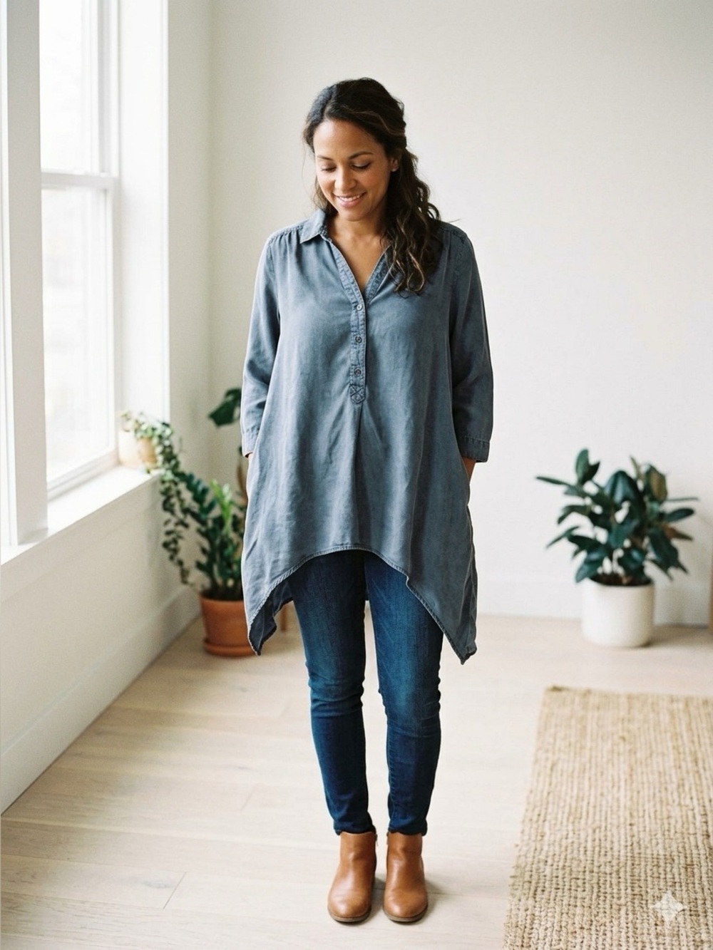 Saks Fifth Avenue Denim-Blue Button Front Tunic